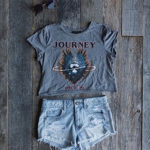 Band tee and jean shorts